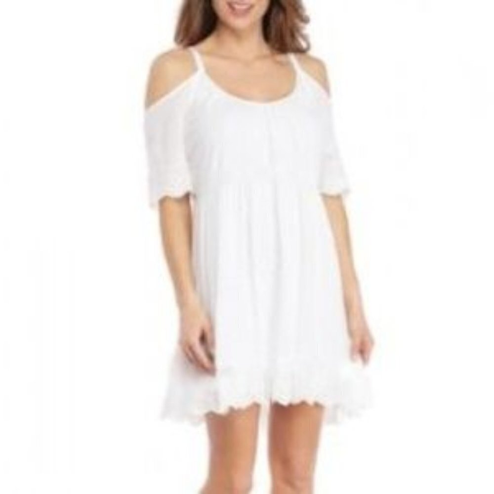 Coastal Cowgirl South Western Rodeo White Accordion Fold Cold Shoulder Dress b23